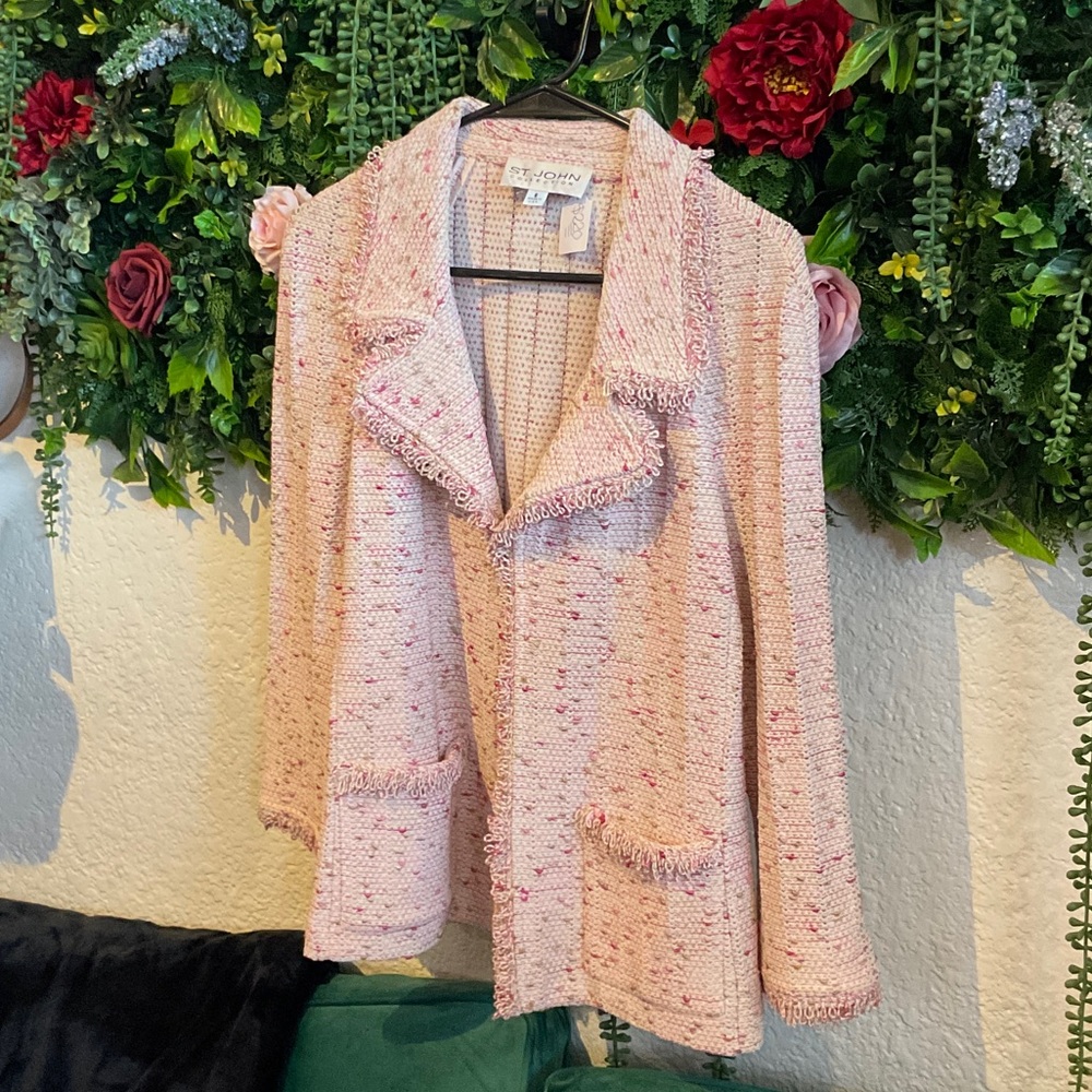 St. John Soft Pink Tweed Open-Front Blazer